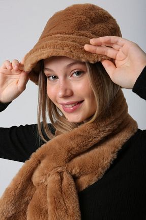 ست شال گردن و کلاه پشمی و دستکش قهوه ای زنانه 2 تایی Luminos Butik - کد 353056562