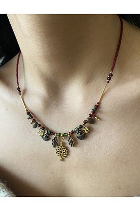 گردنبند جواهر زرشکی زنانه برنجی dela otantik - کد 902608002