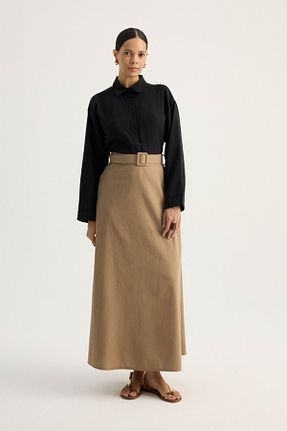 دامن قهوه ای زنانه کتان ZÜLAYS - کد 902676399