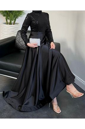 لباس مجلسی حجاب مشکی زنانه یقه ایستاده LEYUZE BUTİK - کد 850400270