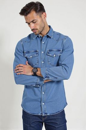 پیراهن آبی مردانه یقه پیراهنی ENZİM JEANS - کد 901354983