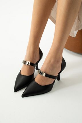 کفش پاشنه بلند کلاسیک مشکی زنانه چرم مصنوعی Gökçe Shoes - کد 901388076