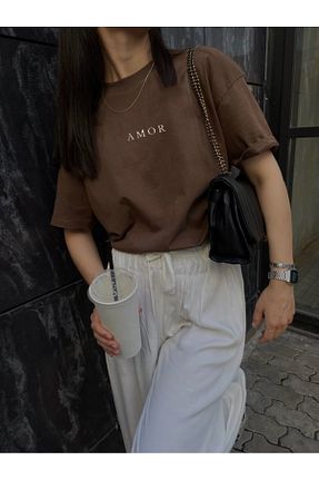 تیشرت قهوه ای زنانه گشاد SUPER POZE - کد 896356957
