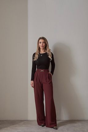 شلوار پارچه ای زرشکی زنانه بلند Rabia Çelik - کد 901369177