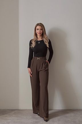 شلوار پارچه ای قهوه ای زنانه بلند Rabia Çelik - کد 901580977