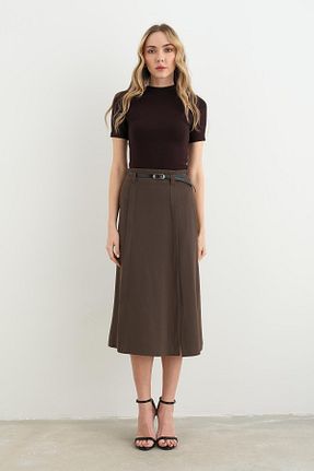 دامن قهوه ای زنانه ساده Qutu Butik - کد 901531938