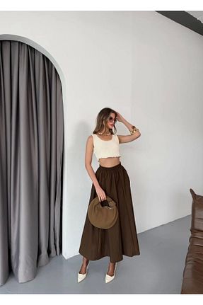 دامن قهوه ای زنانه پارچه Ecenin Favorileri - کد 901625026