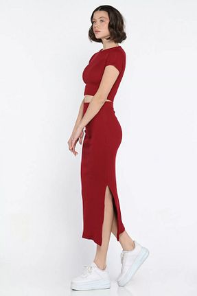 ست بالاتنه و پائین تنه زرشکی زنانه بافتنی GÜLSELİ - کد 901818055
