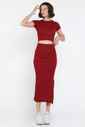 ست بالاتنه و پائین تنه زرشکی زنانه بافتنی GÜLSELİ - کد 901818055