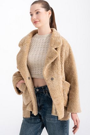 پالتو پشمی بژ زنانه اورسایز Lebeni - کد 903000604