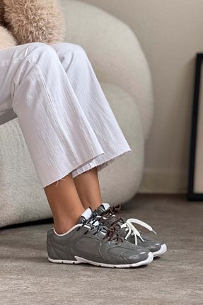 کفش اسنیکر طوسی زنانه بند دار NİŞANTAŞI SHOES - کد 901900744
