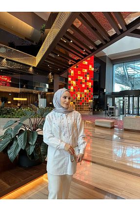 ست بالاتنه و پائین تنه حجاب سفید زنانه سایز بزرگ GZ BUTİK - کد 903006906