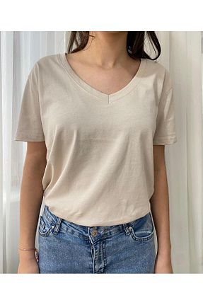 تیشرت بژ زنانه گشاد WOLEE - کد 893477609