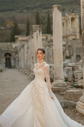 لباس عروس سفید زنانه یقه قلبی Mediha Cambaz - کد 898521464