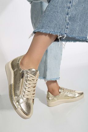 کفش اسنیکر طلائی زنانه چرم اصل ANALİN SHOES - کد 830704407