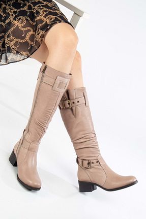 چکمه طوسی زنانه چرم خالص ANALİN SHOES - کد 882163014