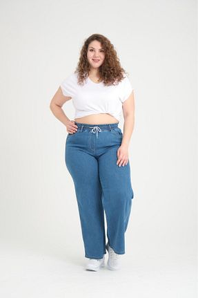 شلوار جین سایز بزرگ آبی زنانه پاچه گشاد SERRAXXL - کد 902802913
