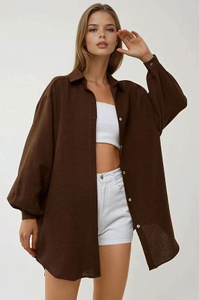 پیراهن قهوه ای زنانه اورسایز Hiccup - کد 902789788