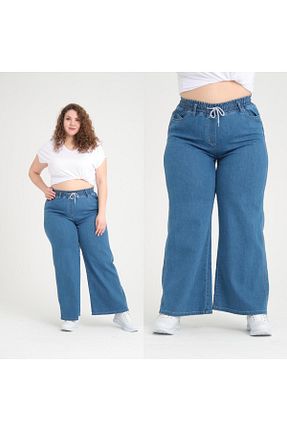 شلوار جین سایز بزرگ آبی زنانه پاچه گشاد SERRAXXL - کد 902802913