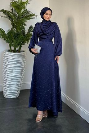 لباس مجلسی حجاب سرمه ای زنانه یقه دگاژه MERVEN AKYÜZ - کد 904081180