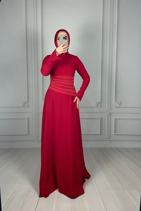 لباس مجلسی حجاب قرمز زنانه یقه دوچرخه Şule Yürümez - کد 904090010