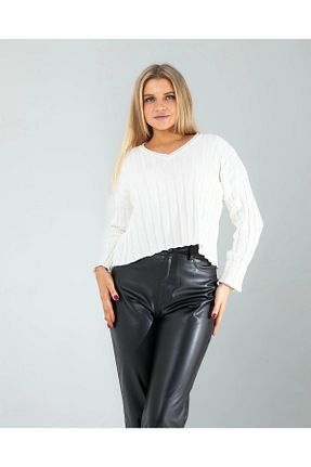 پلیور سفید زنانه طرح دار KarşıVitrin - کد 902866790