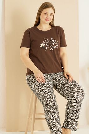 ست لباس راحتی قهوه ای زنانه طرح دار Siyah İnci - کد 902978967