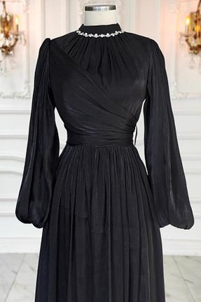 لباس مجلسی حجاب مشکی زنانه یقه ایستاده TRENDTESETTÜR - کد 903173798