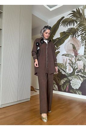 ست بالاتنه و پائین تنه قهوه ای زنانه بافتنی Aselim Hijap Moda - کد 930587651