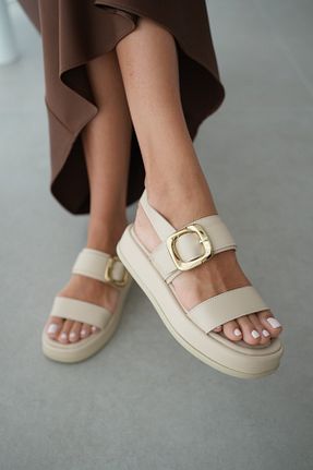 صندل بژ زنانه پاشنه تخت selinshoes - کد 903728761