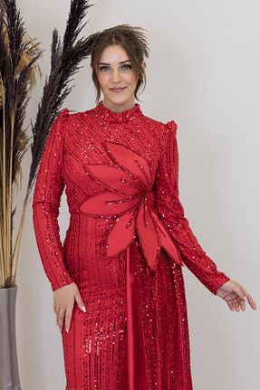 لباس مجلسی حجاب قرمز زنانه یقه ایستاده Genel Markalar - کد 887039063