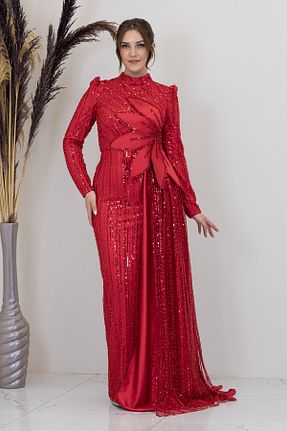لباس مجلسی حجاب قرمز زنانه یقه ایستاده Genel Markalar - کد 887039063