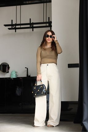 شلوار جین بژ زنانه پاچه ساده Özge Özgenç - کد 904007044