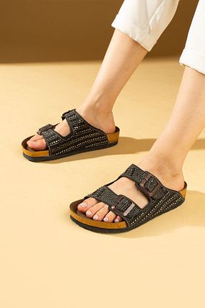 دمپائی مشکی زنانه چرم مصنوعی Pembe Potin - کد 831512920