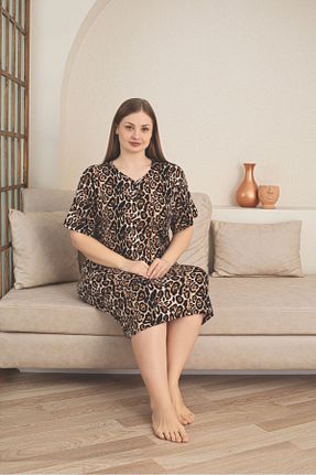 لباس شب سایز بزرگ قهوه ای زنانه طرح دار Asel - کد 904323539