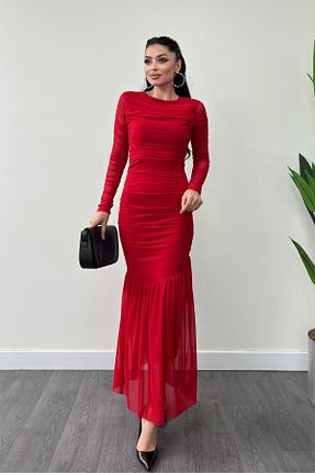 لباس مجلسی و فارغ التحصیلی قرمز زنانه آستین ژولیده/ چروک giyimmasalı - کد 904459524