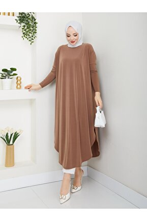 تونیک حجاب قهوه ای زنانه رگولار MODAMÜNASİP - کد 904477378