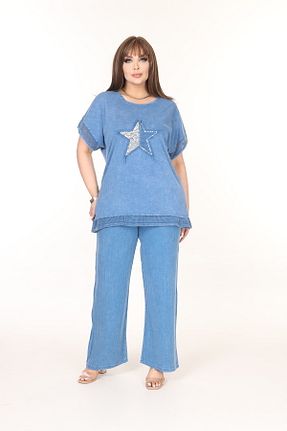 ست بالاتنه و پائین تنه سایز بزرگ آبی زنانه بافتنی özle fashion - کد 905794410