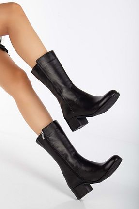 بوت / نیم بوت مشکی زنانه چرم خالص ANALİN SHOES - کد 861906399