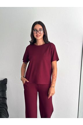 ست بالاتنه و پائین تنه زرشکی زنانه بافتنی Pimody - کد 904658512