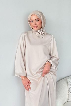 لباس مجلسی حجاب بژ زنانه یقه ایستاده HAZA MODA - کد 904817563