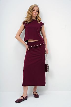 ست بالاتنه و پائین تنه زرشکی زنانه بافتنی Trend Alaçatı Stili - کد 891517564