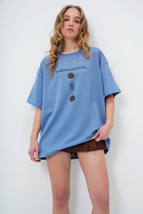 تیشرت آبی زنانه اورسایز Trend Alaçatı Stili - کد 708386824