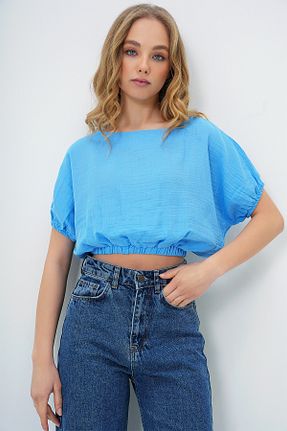 بلوز آبی زنانه ساده Trend Alaçatı Stili - کد 903472076