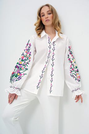 پیراهن سفید زنانه یقه پیراهنی Trend Alaçatı Stili - کد 903472058