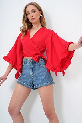 بلوز قرمز زنانه طرح دار Trend Alaçatı Stili - کد 903022291
