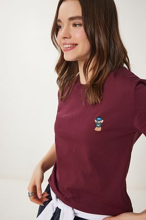 تیشرت زرشکی زنانه رگولار Happiness İstanbul - کد 904416078
