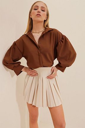 پیراهن قهوه ای زنانه اورسایز Trend Alaçatı Stili - کد 458225443