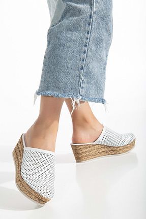 دمپائی سفید زنانه چرم خالص ANALİN SHOES - کد 833017622