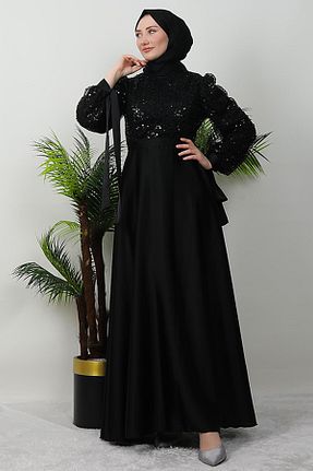 لباس مجلسی حجاب مشکی زنانه یقه ایستاده GİYZAMİLA - کد 929029024
